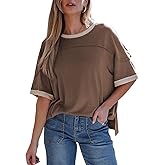 Dokotoo Summer Tops for Women 2026 Loose Oversized T Shirts Crewneck Color Block Side Slits Basic Tee Blouses