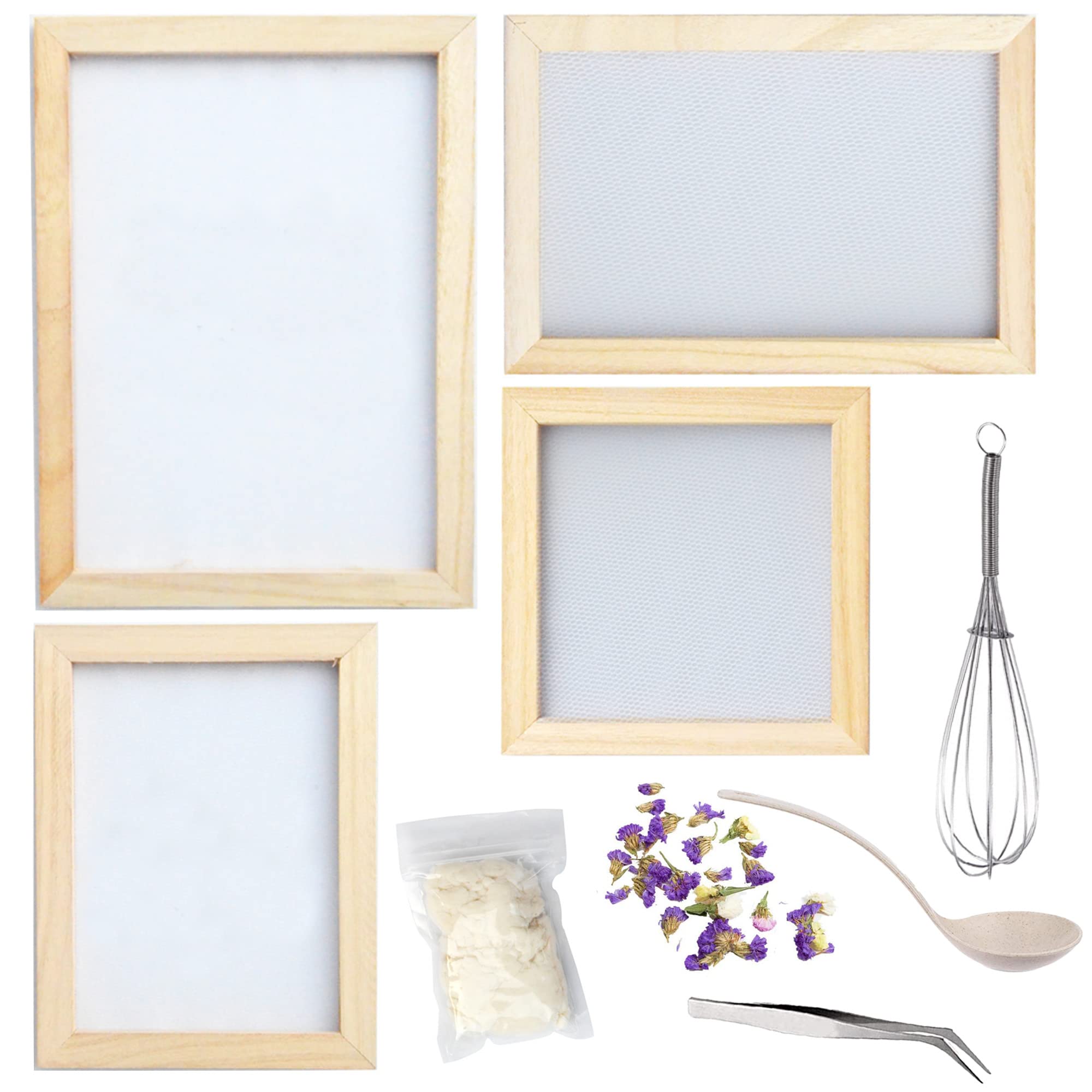 Cayway 10 Pack Paper Making Screen Kit Include 4 PCS Wooden Paper Making Mold Frame, Dried Flowers, Replace Mesh Cloth, Spoon Stirrer and Tweezers for DIY Dried Flowers Craft