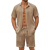 COOFANDY Mens Beach Outfits 2 Piece Sets Casual Short Sleeve Button Down Summer Textured Shirt
