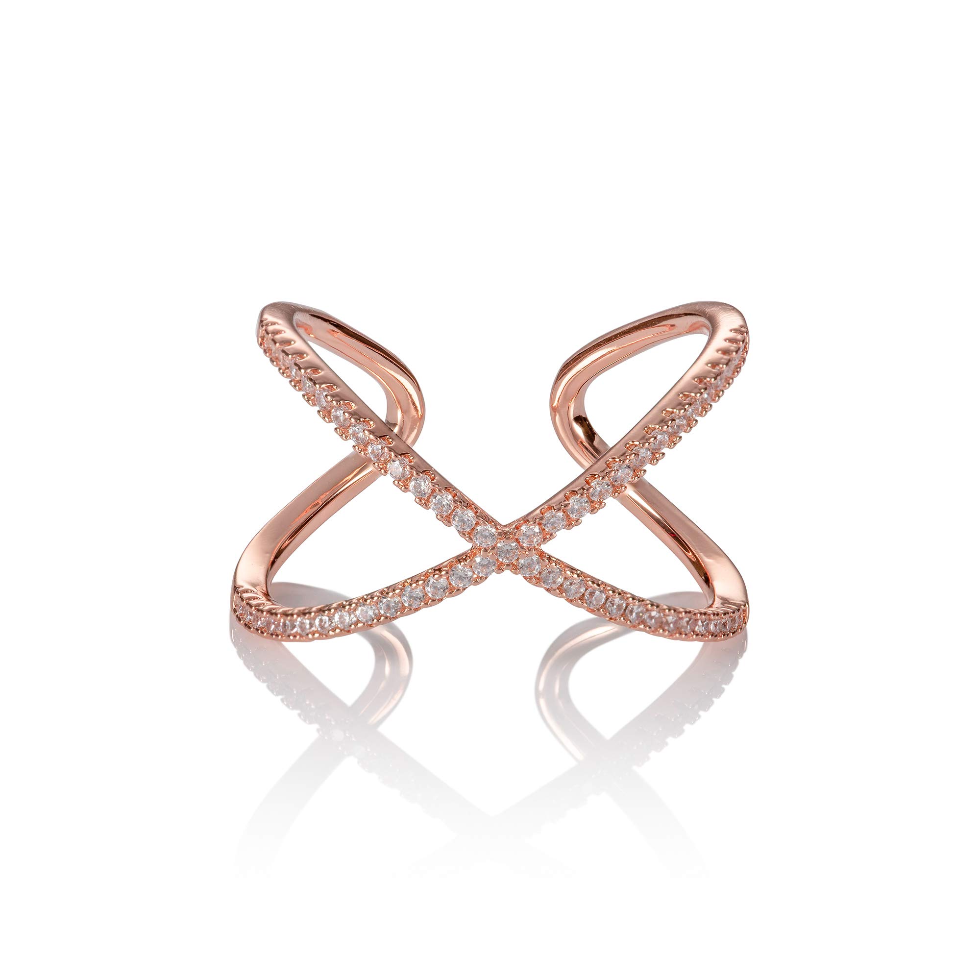 namana Rose Gold Rings for Women in a Cross. Adjustable Statement Rings with Cubic Zirconia Stones on a Crossover Design. Large Rose Gold Ring