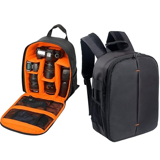House of Quirk Waterproof Fabric Camera Backpack for SLR Camera, Lens, Tripod and Accessories with Rain Cover Protector(Orange)