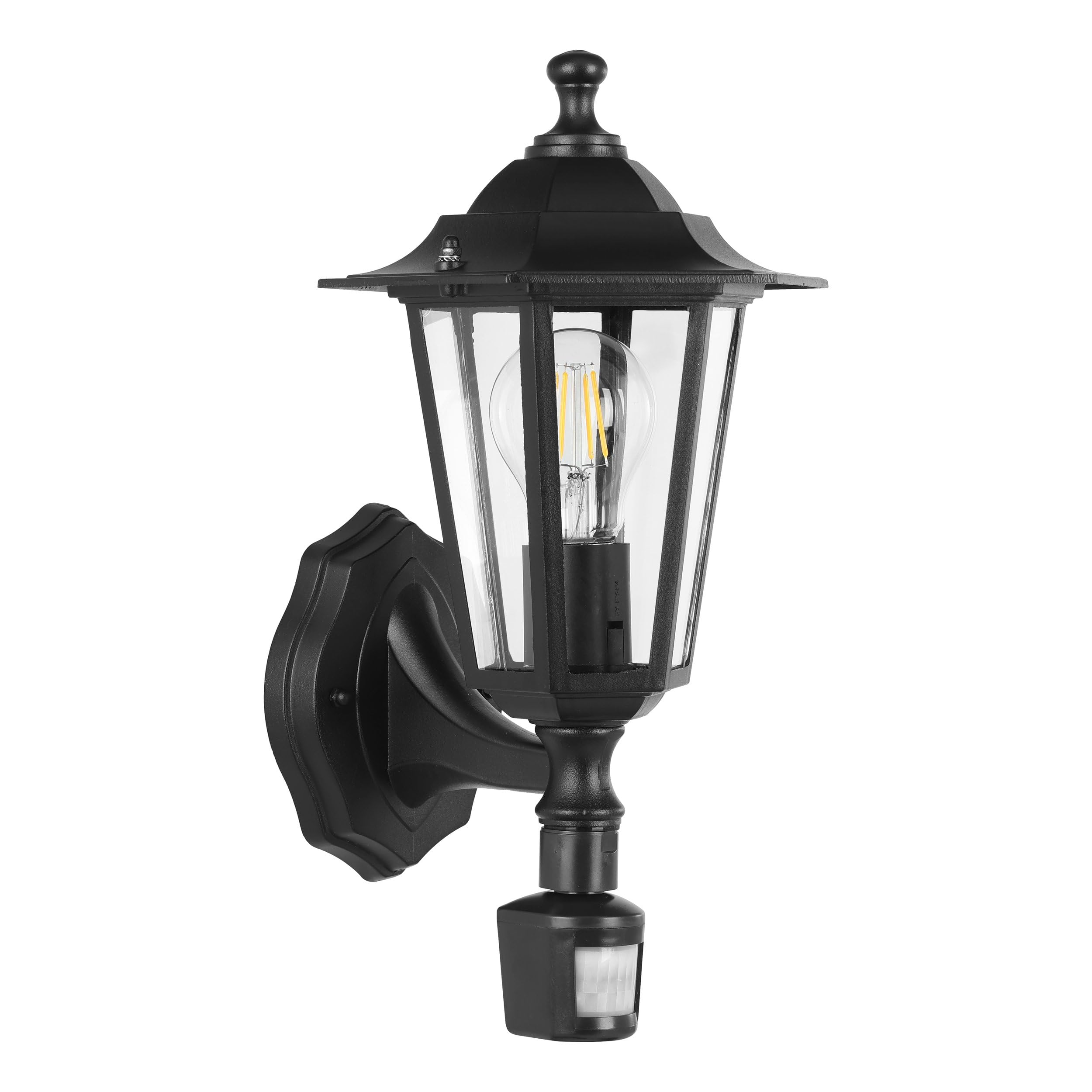 EGLO Outdoor Wall Lamp Laterna 4, 1 Bulb Exterior Wall Lighting, 6 Panel Lantern incl. Motion Detector, made of Cast aluminium and Glass, Colour: Black, Socket: E27, IP44 — image 1