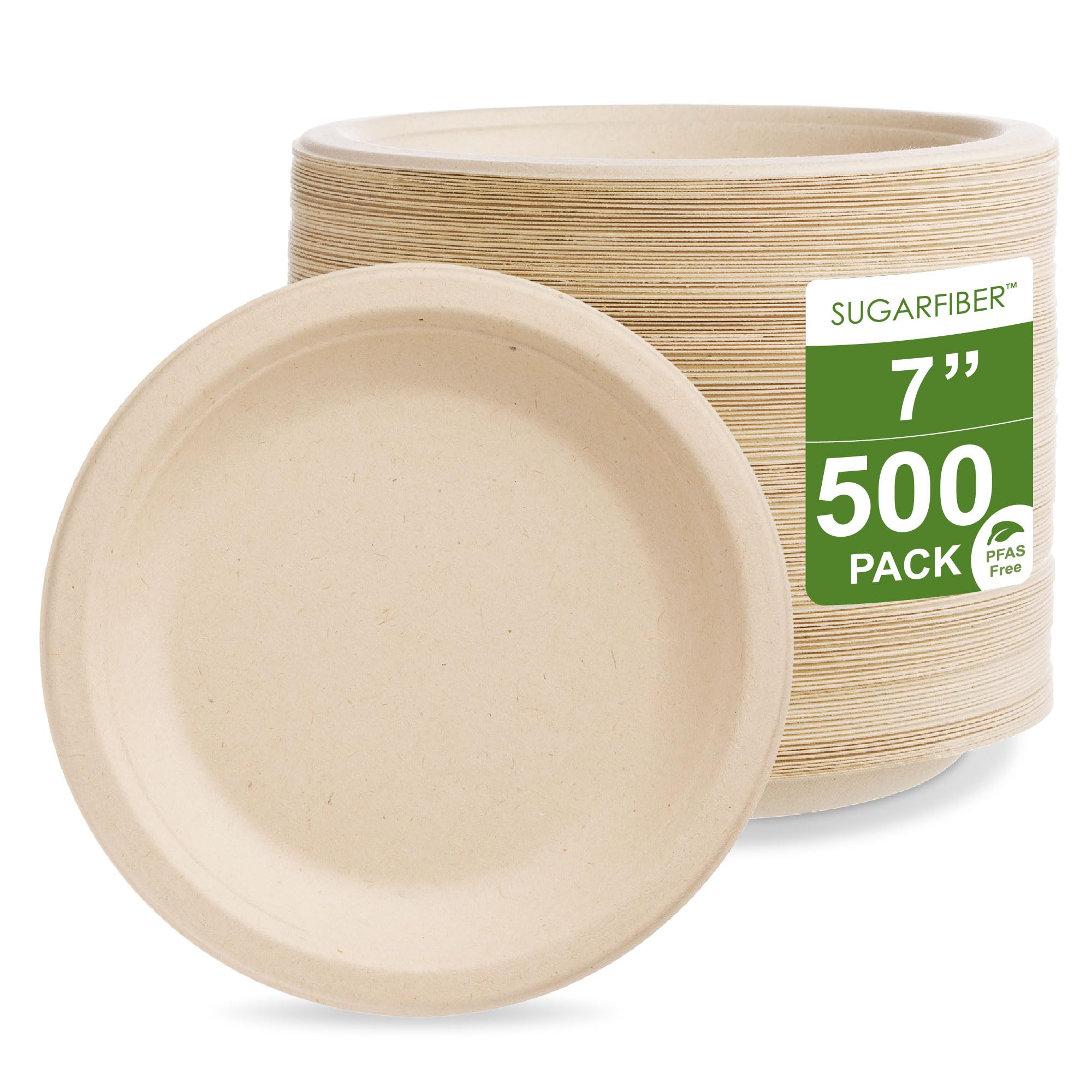 Photo 1 of [500 COUNT]Harvest Pack 7 inch Compostable Small Paper Plates, Round Disposable Heavy-Duty Dessert Plates, Natural Bagasse Biodegradable Small Cake Plate Bulk, From Eco-Friendly Sugarcane Plant Fibers