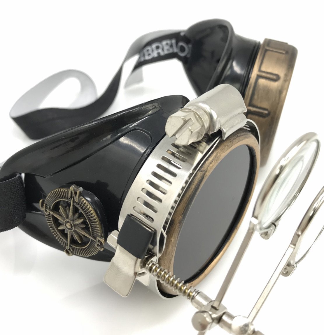 Steampunk Victorian Style Goggles with Compass Design & Ocular Loupe, Rave Glasses