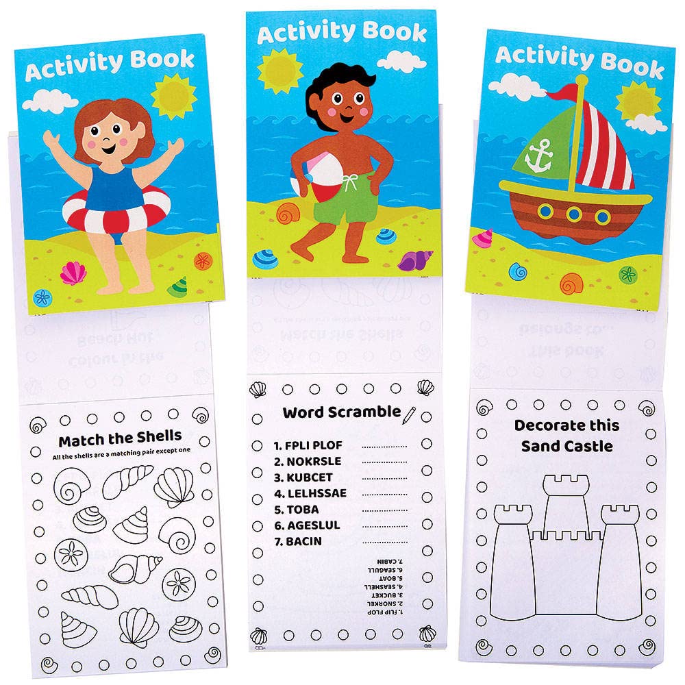 Baker Ross FC959 Seaside Mini Activity Books for Kids - Pack of 12, Entertaining Travel Activities, Party Favours, and Colouring Books for Children
