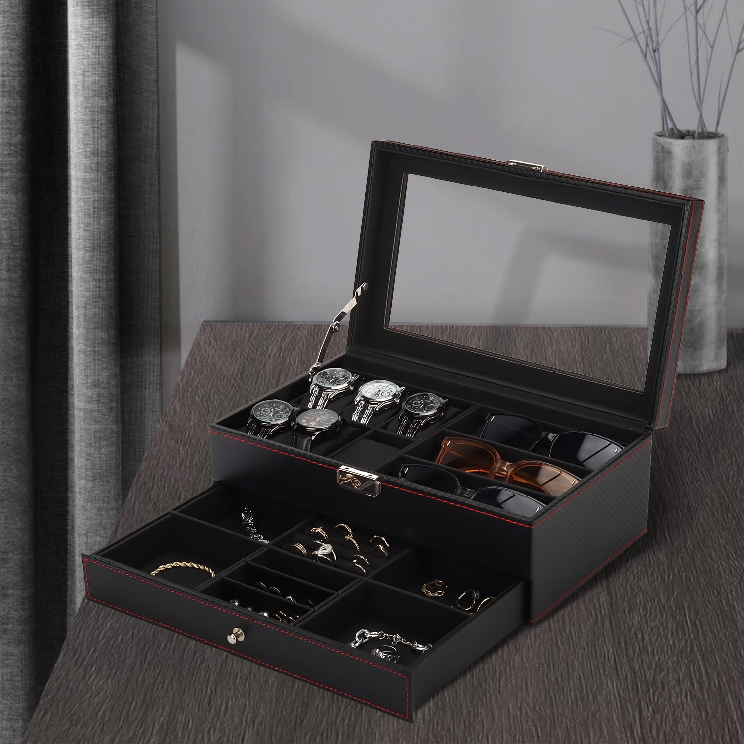 Watch Box, Leather Mens Jewelry Box With 6 Slot Watch Case & 3 Slot Sunglasses Organizer, 2 Layers Lockable Watch Holder Organizer With Glass Lid For Earrings, Rings, Bracelets, Gifts for Men