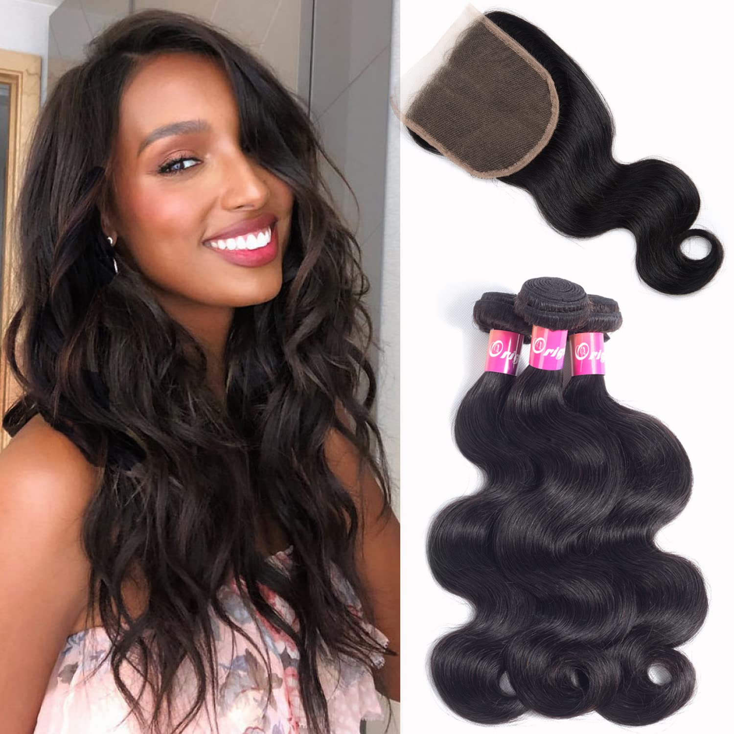 Brazilian Body Wave Virgin Hair 3 Bundles With Closure Free Part 100% Unprocessed Human Hair Remy Hair Extensions Natural Color 100g/pcs By Originea (18/20/22+16)