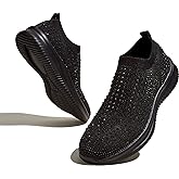 BELOS Women's Rhinestone Mesh Slip On Walking Shoes Fashion Breathable Spakle Glitter Sneaker