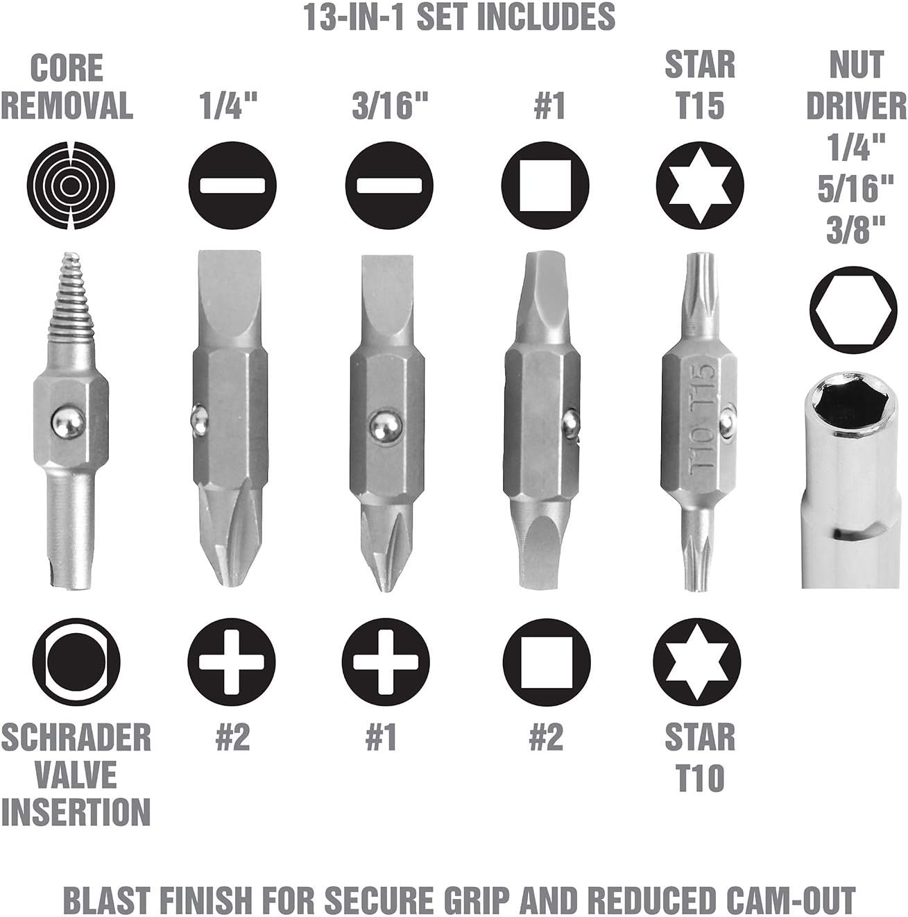 OEM TOOLS 22588 13-in-1 Multi-Bit Screwdriver, Nut Driver and Schrader Valve Tool, Multi Tool Screwdriver Kit, HVAC tools, Electrician Tools - - 