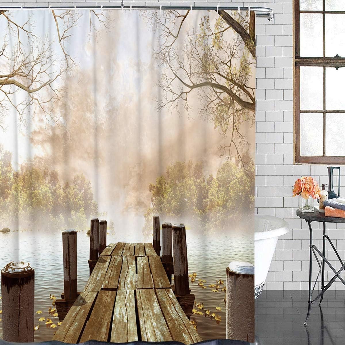 wanxinfu Shower Curtain Polyester Fabric Bathroom Curtain Set with Hooks Bath Decor Set Waterproof Personalized Customization Curtains, Secluded Wooden Bridge Branch River 72" x 72"