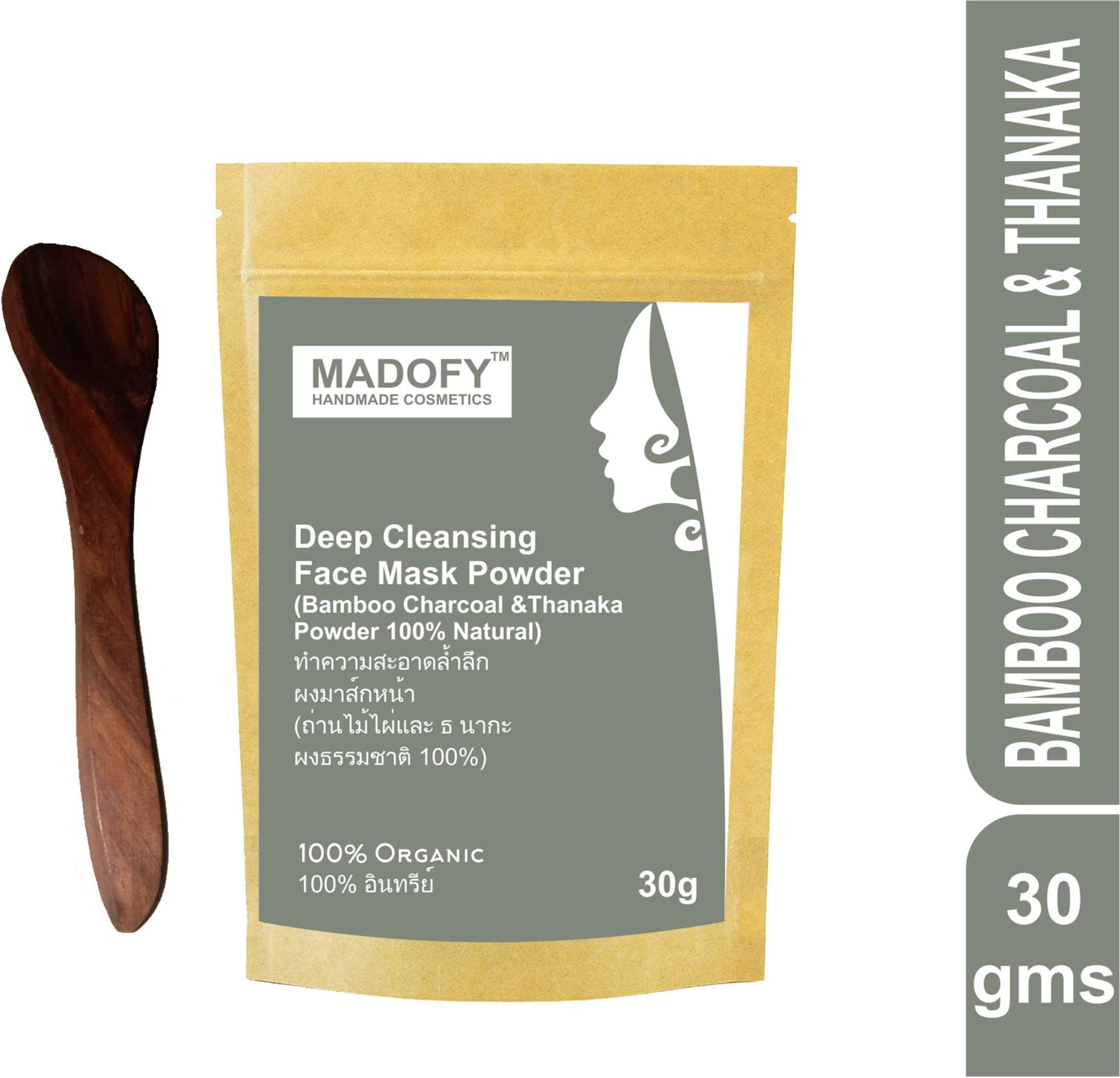 Madofy Grade A Thanaka & Bamboo Charcoal Deep Cleansing Face Mask Powder for Skin Firming, Anti-Oxidant & Anti-Wrinkle 30 gm