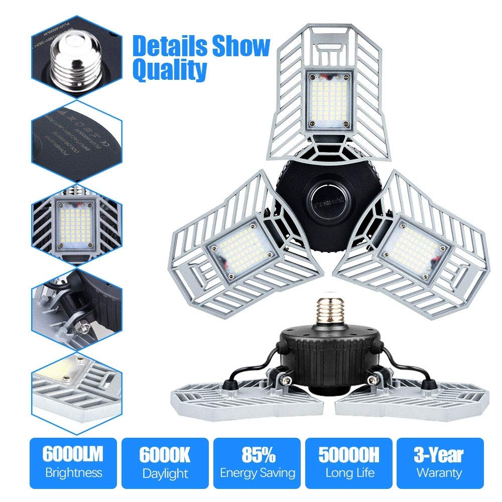 Garage Light 6000 Lm Deformable LED Garage Ceiling Lights 60W CRI 80 Led Shop Lights for Garage 3 Adjustable Panels Utility Led Garage Lighting (No Motion Activated) (60W Standard)