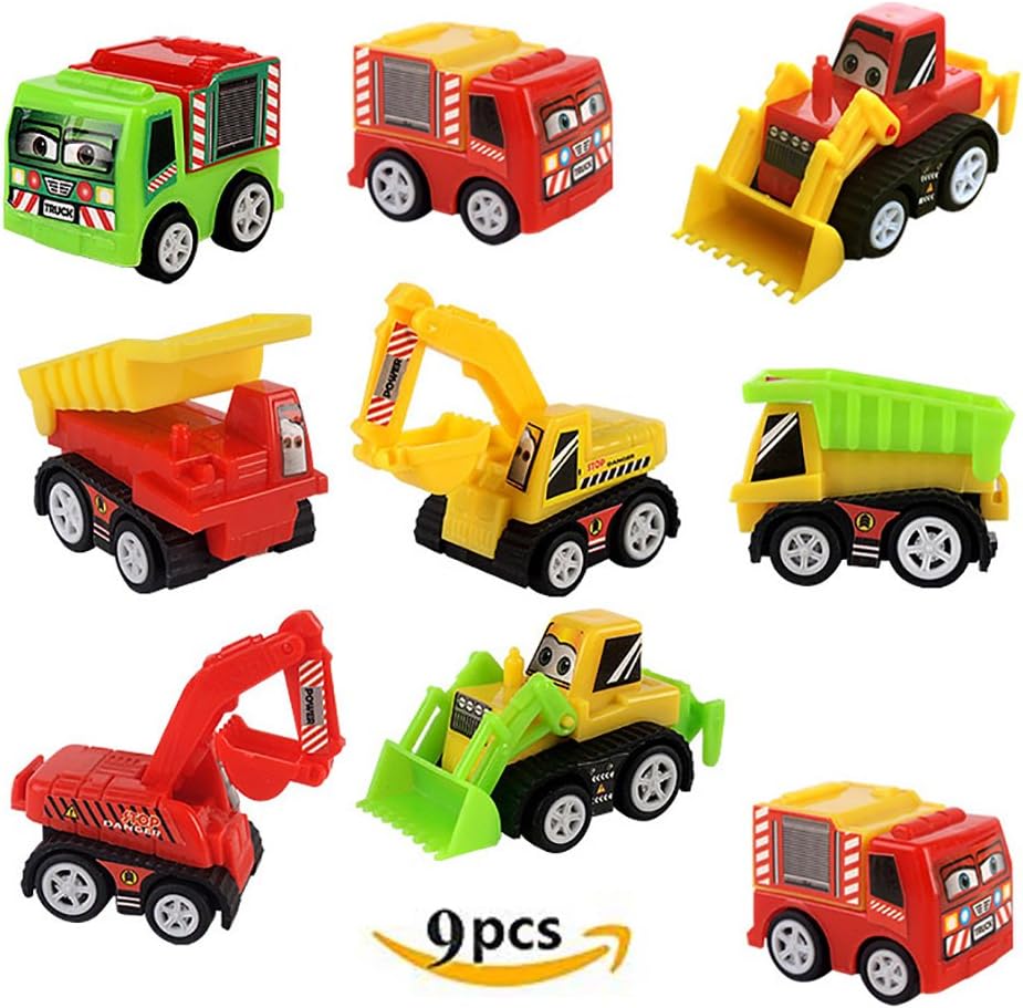 KAGADS 9 Pcs Mini Pull-back and Go Car Model Toy Sets Plastic Classic Construction Team Vehicle Play Trucks Dumpers Toy for 3-9 Year Olds Kid Toddlers