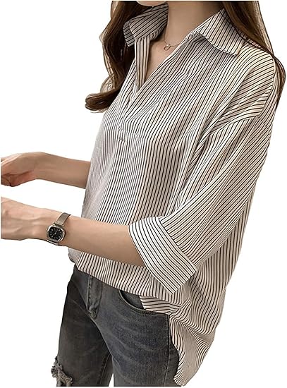 Amazon Ahkah Works アーカーワークス シャツ ストライプ レディース 5分丈袖 お出かけ 通勤 お洒落 シルエット ブラウス 可愛い ファッション オフィス キャリア Ol シャツ ブラウス 通販