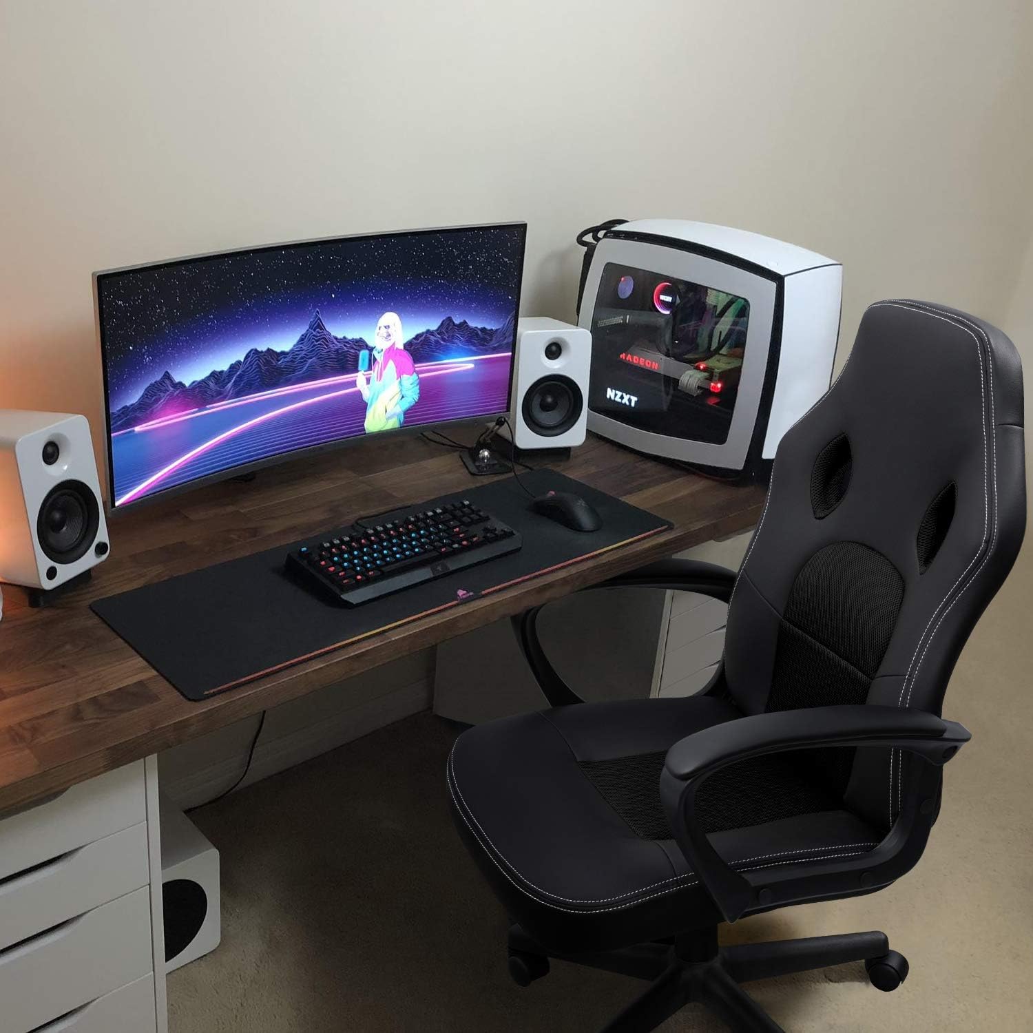 Furmax Office Desk Leather Gaming, High Back Ergonomic Adjustable Racing Task Swivel Executive Computer Chair Headrest and Lumbar Support (Black): Furniture & Decor