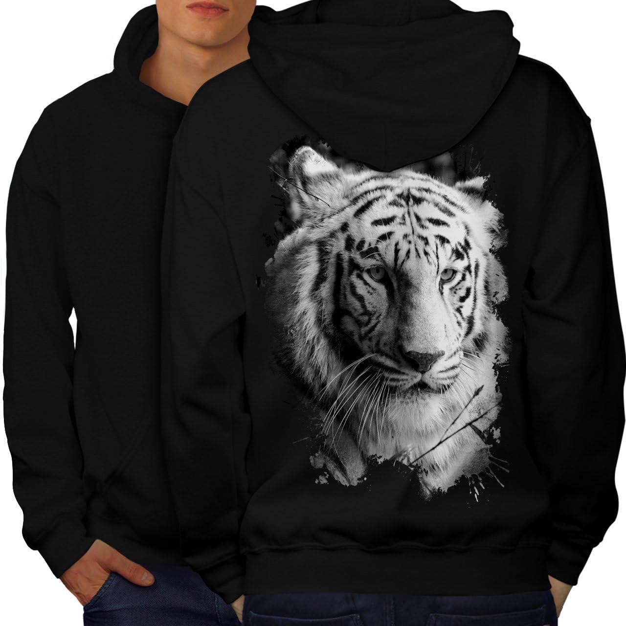 wellcoda White Tiger Head Mens Hoodie, Wild Printed on The Jumpers Back Clothing
