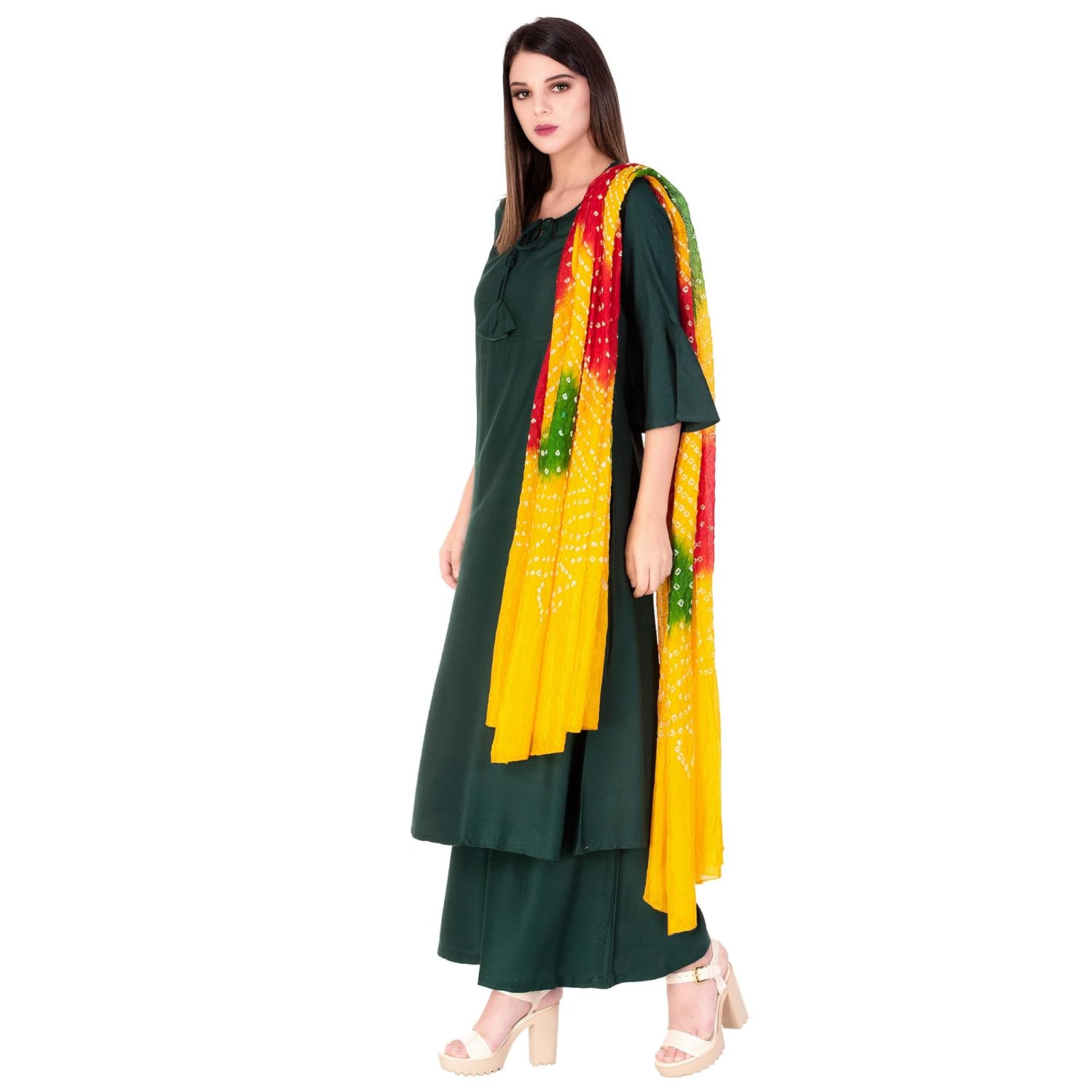 ortange readymade women's rayon kurta, palazzo with printed dupatta set