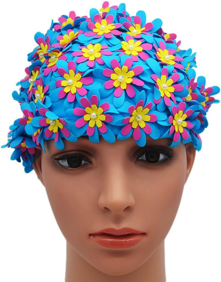 Medifier Swim cap Floral Petal Retro Style Bathing Caps for Women Blue - Image 5