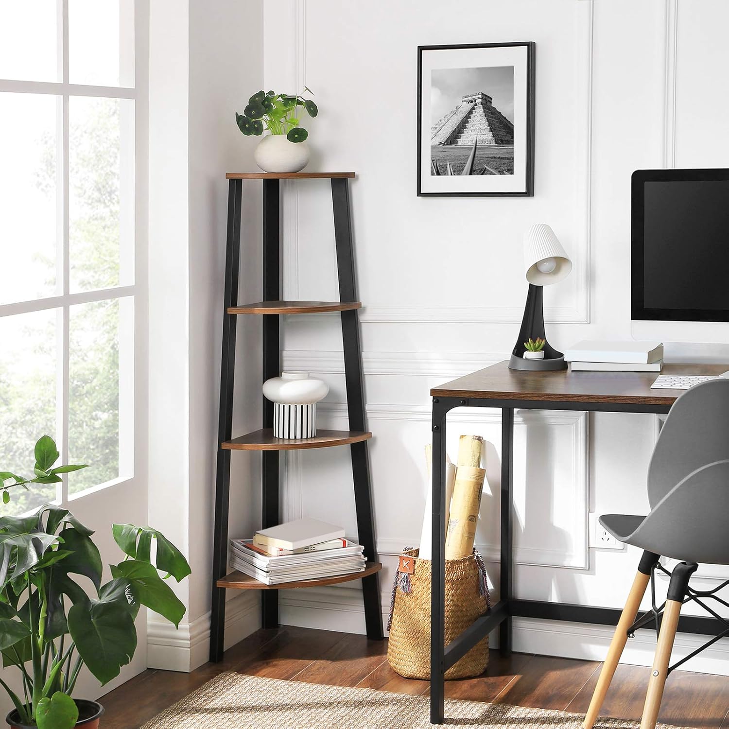 VASAGLE Industrial Corner Shelf, 4-Tier Bookcase, Storage Rack, Plant Stand for Home Office, Wood Look Accent Furniture with Metal Frame, Rustic Brown ULLS34X: Home & Kitchen