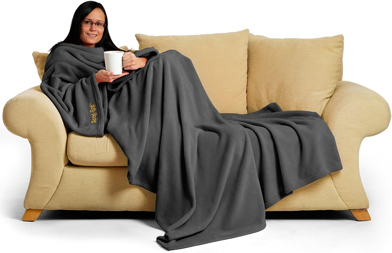 Grey Deluxe Blanket with Sleeves with Sleeves Fleece Blanket with Sleeves – Fleece Blanket with Sleeves for Women Men 260gsm Luxury Adult Winter Sofa TV Blanket with Portable PocketsOEKO-TEX STANDARD 100