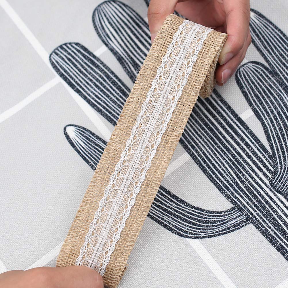 VGOODALL Juteband Spitzenband, Vintage Hessische Natürliche Sackleinen Band mit Weisse Spitzen für DIY Handwerk Hochzeit Party Weihnachten Deko (6 Rolle)