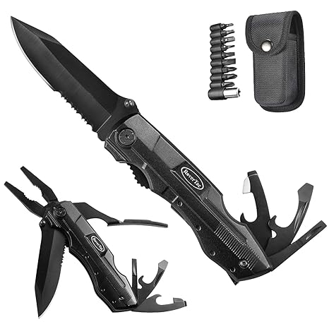 Pocket Knife Multi Tool With Safety Locking Blade Folding Knife Utility Knife Camping Knife With Pliers Bottle Can Opener 9 Screwdriver Bits Great - 