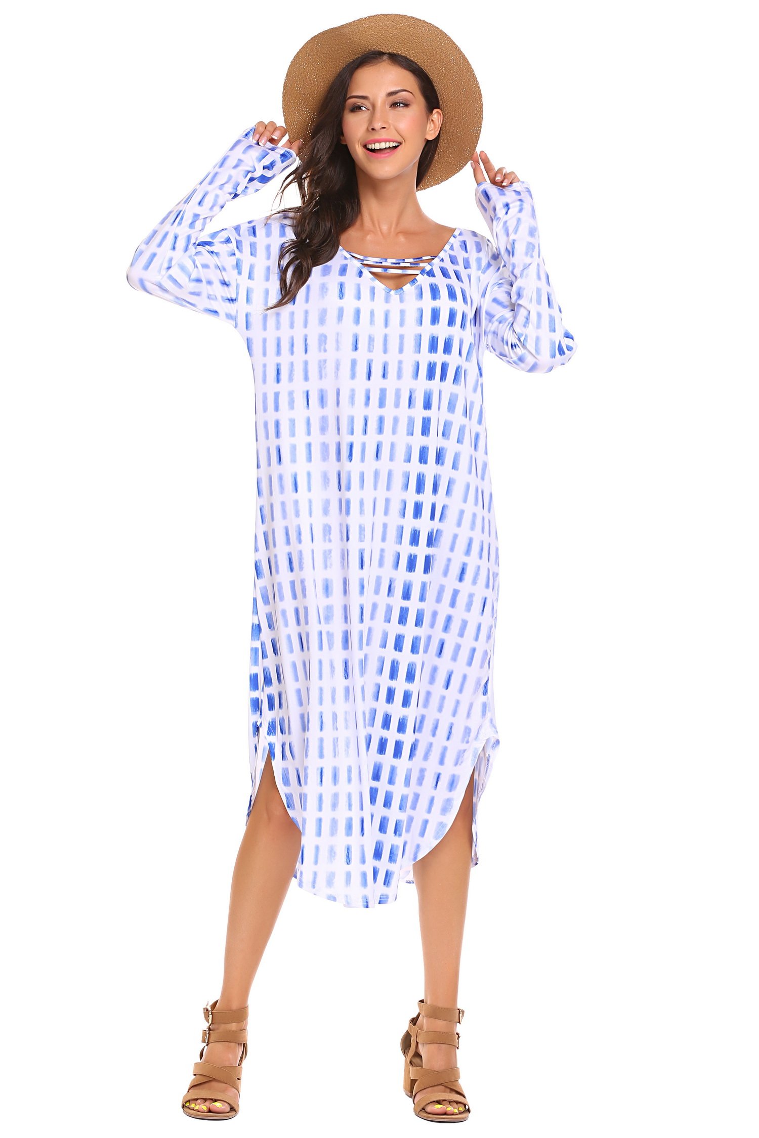 SE MIU Women Casual Maxi Long Sleeve Split Tie Dye Shift Dress