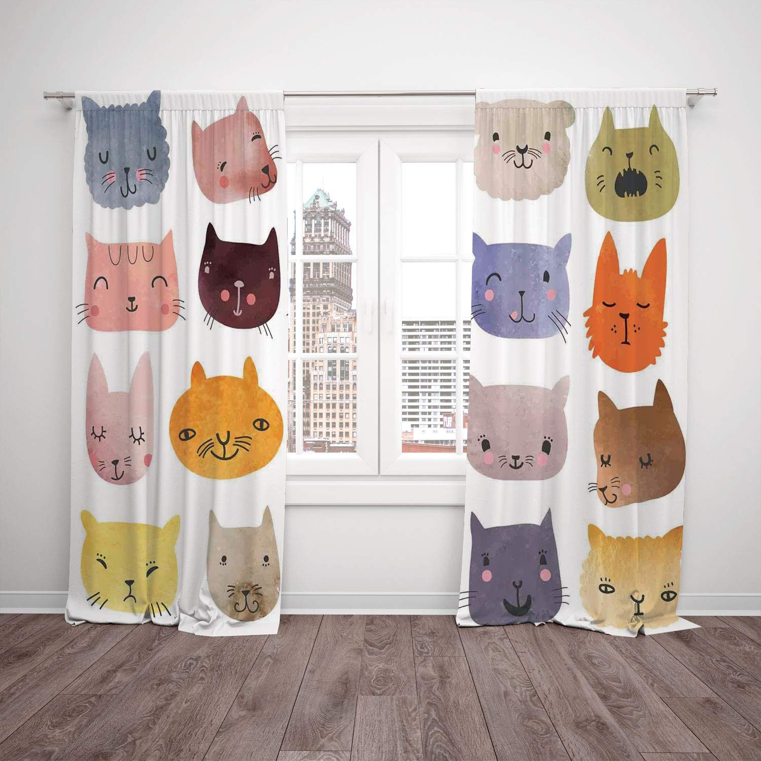 Thermal Insulated Blackout Window Curtain Cat Cute Watercolor Effect Cat Heads In Colorful Humor Fun Purring Meow Animal Kids Artsy Print Multi Living Room Bedroom Kitchen Cafe Window Drapes 2 Panel S Amazon In Home Kitchen