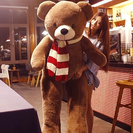 Amazon ぬいぐるみ 特大 テディベア 可愛い熊 動物 大きい クマ抱き枕 お祝い ふわふわぬいぐるみ ビッグサイズ 160cm 画像通り ダークブラウン 赤と白のストライプスカーフ ぬいぐるみ おもちゃ
