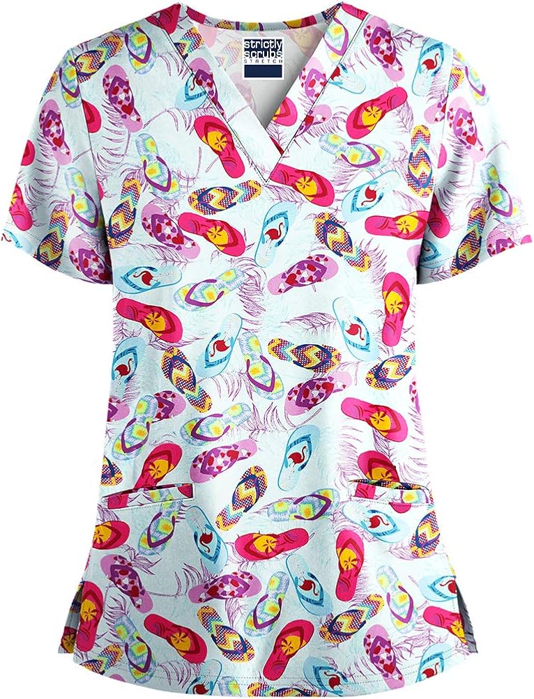 Strictly Scrubs Women's Stretch Flip Flops Print Scrub Top (XS3X) VNeck Medical