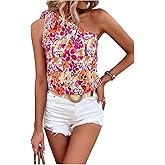 Verdusa Women's Floral Boho Blouse Vacation Summer Bow Tie One Shoulder Tops
