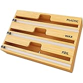 SpaceAid WrapNeat 3 in 1 Wrap Organizer with Cutter and Labels, Plastic Wrap, Aluminum Foil and Wax Bamboo Dispenser for Kitchen Storage Organization Holder for 12" Roll (Natural)