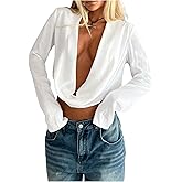 SOLY HUX Women's Deep V Neck Draped Crop Blouse Long Sleeve Shirts Going Out Cropped Tops