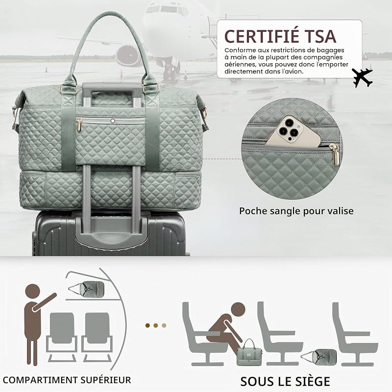 Sac de Voyage Femme Sac de Sport Gym Weekend Travel Duffel Bag Sac Cabine Avion Easyjet Bagage a Main Sac a Langer Bebe Valise Maternité Mommy Family Bag avec Trousse de Toilette