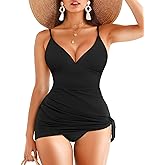 Popilush One Piece Swim Dress Tummy Control Swimsuits for Women Ruched Shapewear Split Bathing Suit