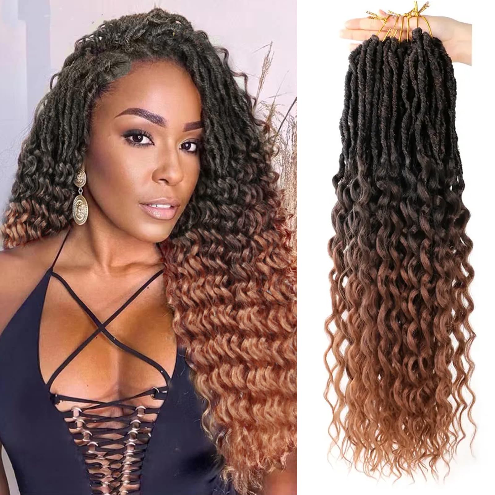 FANWYFYU 18 Inch Goddess Locs Crochet Hair Deep Wave 6Packs New Soft Faux Locs Crochet Braids Pre Looped Hair Extensions for Black Women(1B/30) — image 1