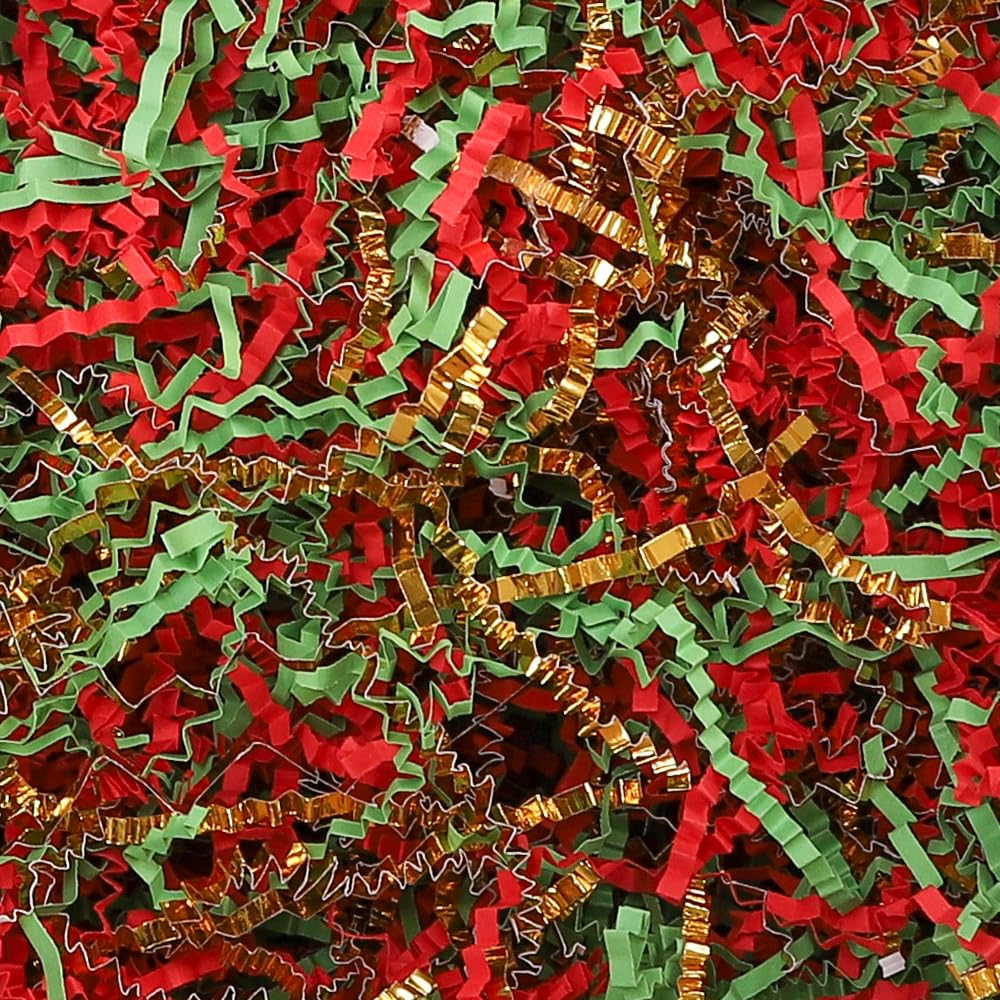 Photo 1 of 4 oz Crinkle Cut Paper Shred Filler for Gift Wrapping Baskets Filling Box Birthdays Christmas Thanksgiving Easter Weddings Valentines Mother's Day Anniversaries (Red,Green & Gold-Christmas Mix)