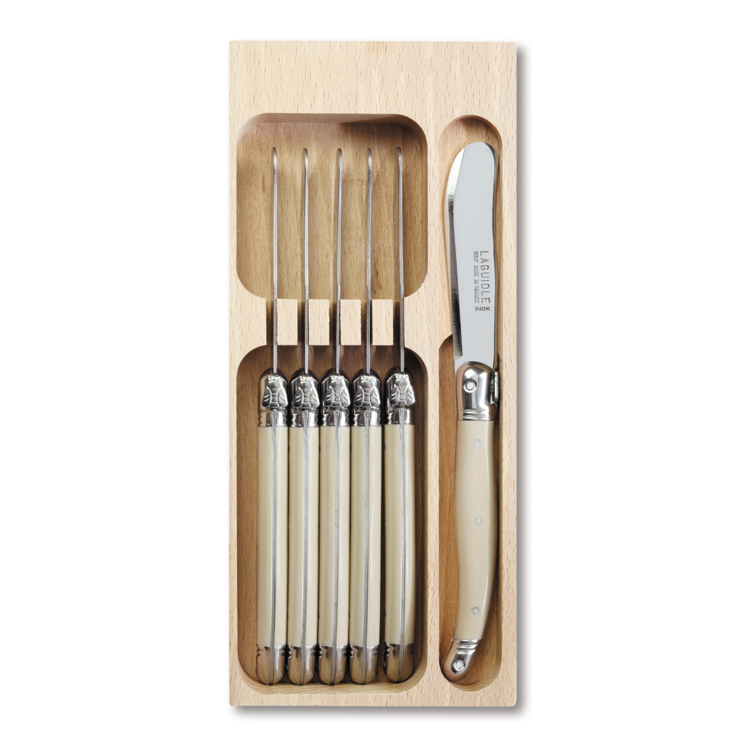 Andre Verdier Laguiole Butter Knife Spreader Set of 6, Premium Stainless Steel Butter Knives, 100% Made in France, Ivory