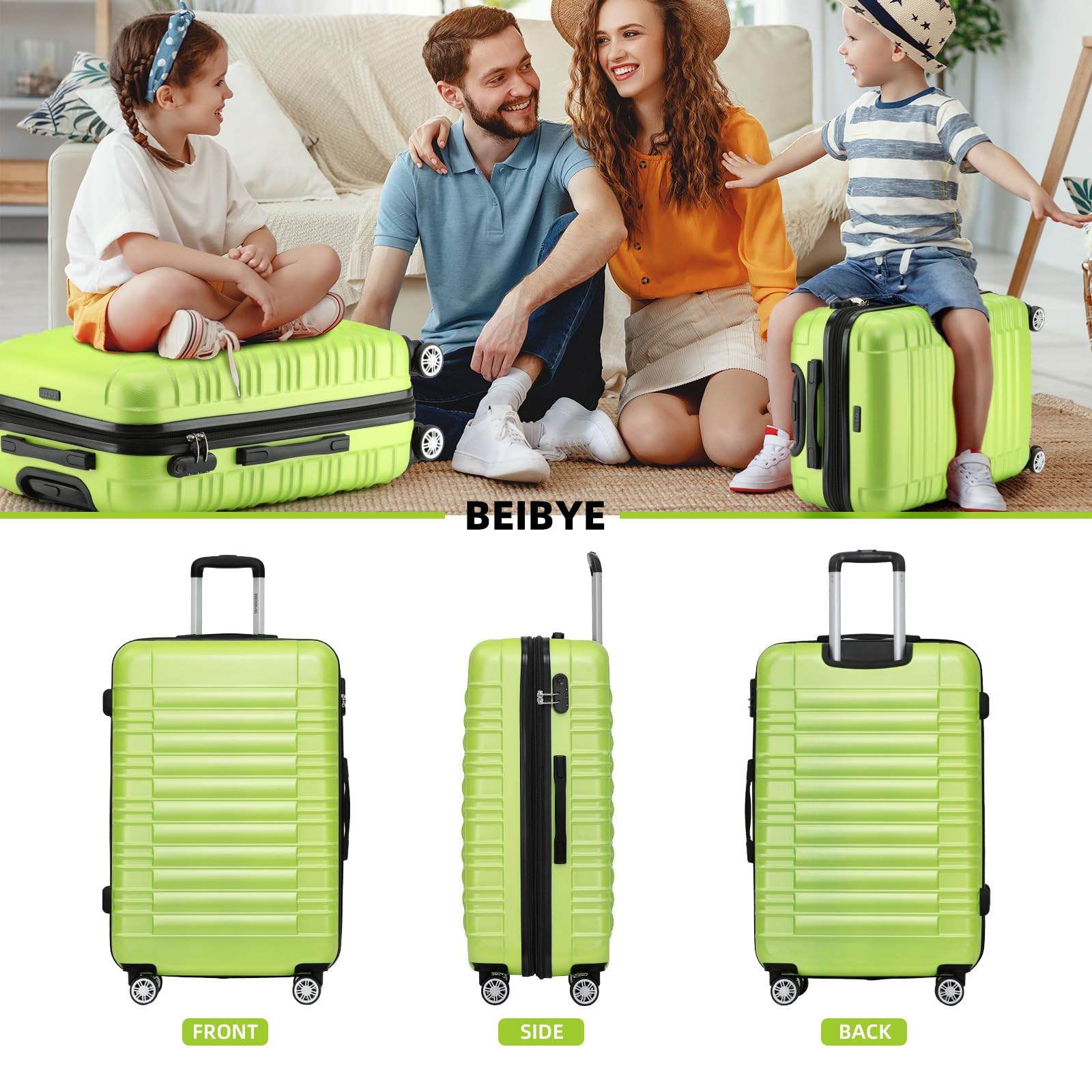 BEIBYE 2088 Zwillingsrollen Reisekoffer Koffer Trolleys Hartschale M-L-XL-Set (Green, L) 2
