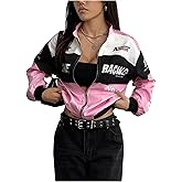 GORGLITTER Women's Racer Car Jacket Y2k F1 Oversized Graphic Coats Racing Varsity Zip Up Lightweight Jackets Streetwear