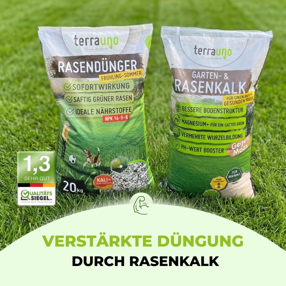 TerraUno Rasenkalk Frühjahr & Herbst, bei Moos und Unkraut im Rasen, verstärkt die Düngung, verbessert pH-Wert & Bodenstruktur, 15 kg für 300 m², extra fein, ideal für Streuwagen, tierfreundlich 6