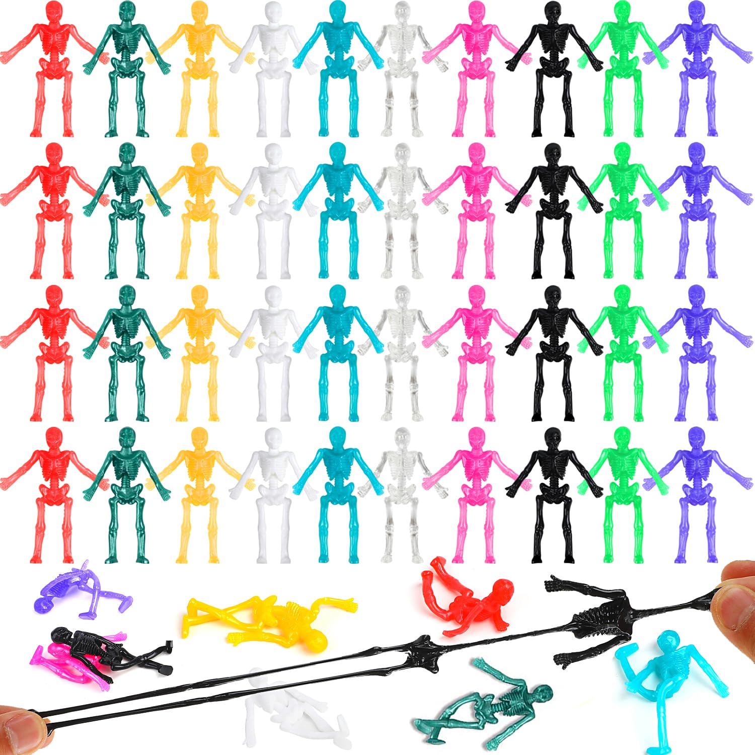 FINGOOO 50PCS Stretchy Men Coloured Skeleton Halloween Party Bag Fillers for Kids Unisex Stretchy Man Lucky Gift Toy for Children Party Bag