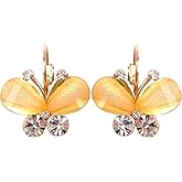 Navachi 18k Gold Plated White Crystal Acetate Flying Butterfly Leverback Earrings