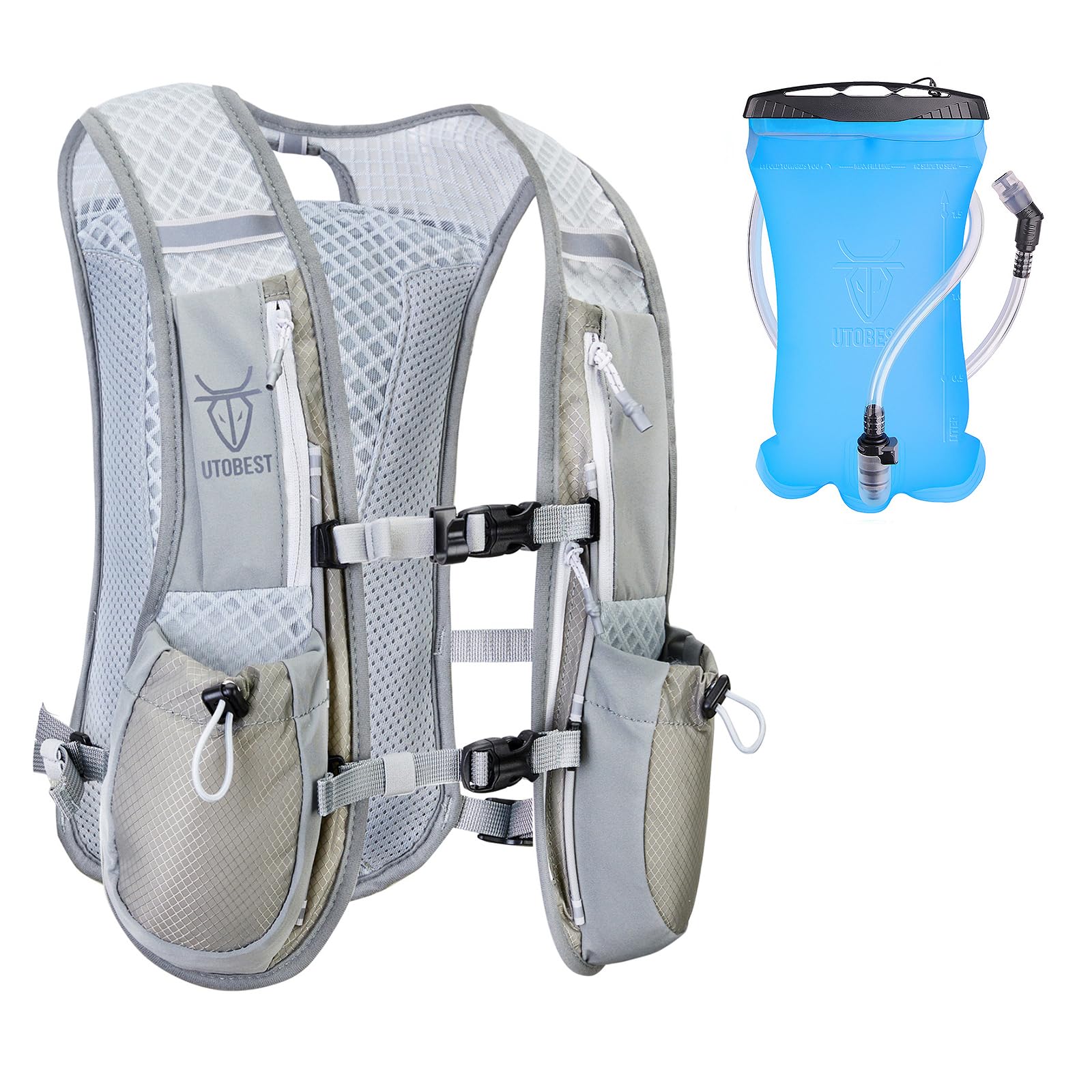 UTOBEST Running Vest, Running Backpacks 5L for Men & Women, Lightweight Adjustable Hydration Pack for Marathon, Running, Hiking (Grey, with 1.5L Bladder)