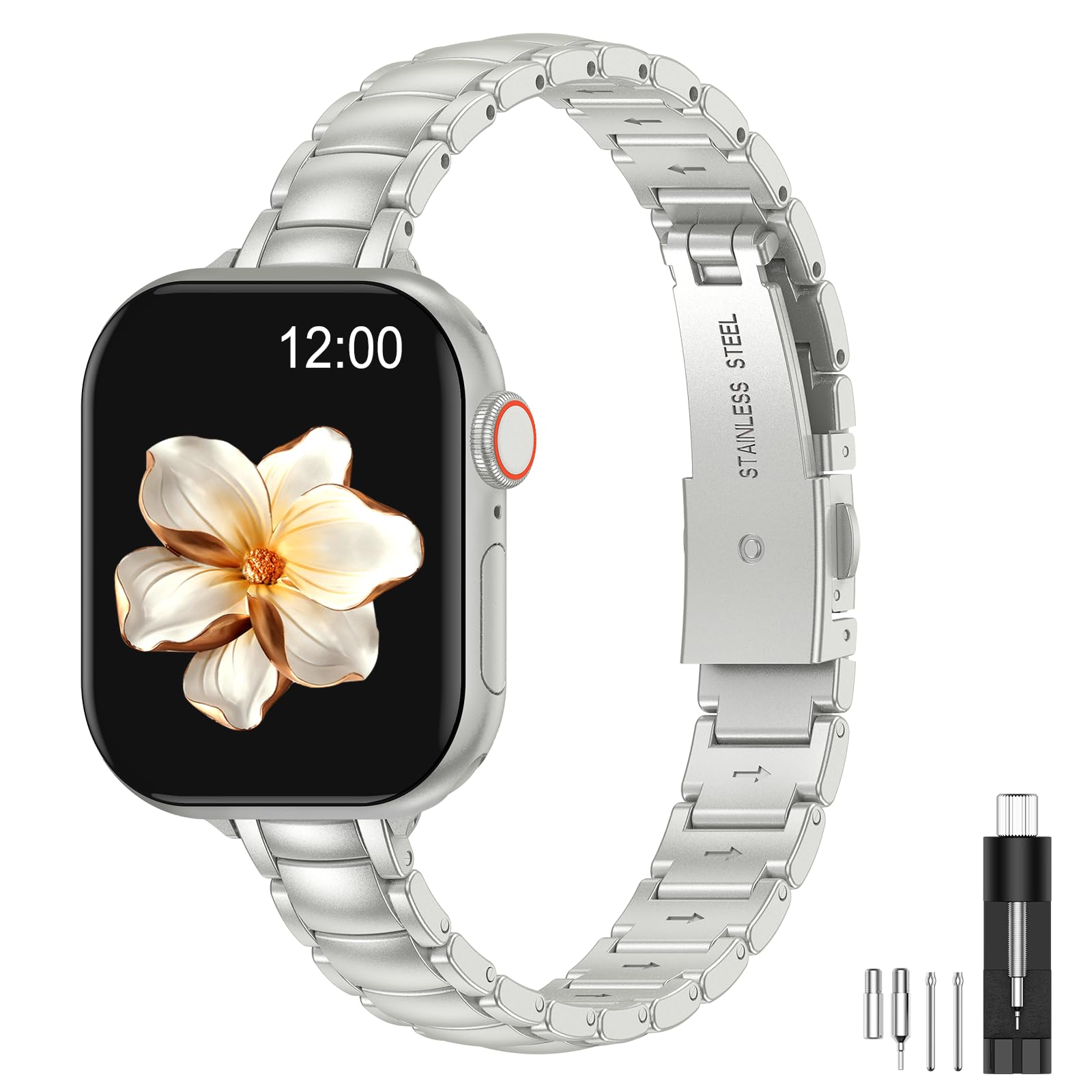 Photo 1 of MioHHR Thin Metal Bands Compatible with Apple Watch Band 38mm 40mm 41mm 42mm(Series 11 10),Slim Narrow Stainless Steel Strap for Women iWatch Bands Series 9 8 7 6 5 4 3 2 1 SE3/2/1`,Starlight Silver