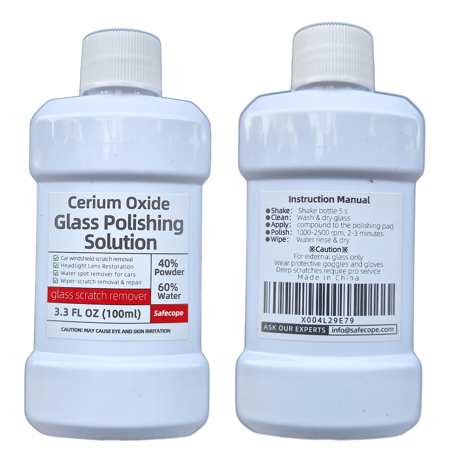 Photo 1 of 3.3 fl oz (100 ml) Cerium Oxide Glass Polishing Solution - Shake vigorously before use. Apply with a hard sponge or polishing machine using moderate pressure and slow strokes for at least 5 minutes.