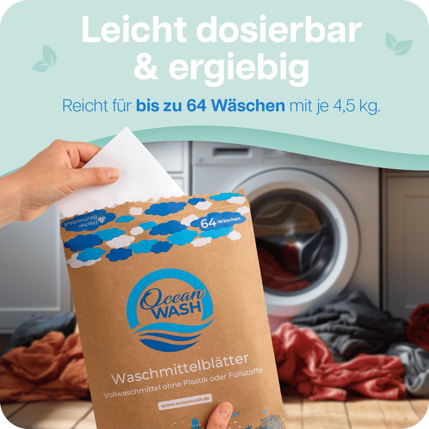 OceanWash Waschmittelblätter für 64 Wäschen biologisch abbaubar & mit Frischeduft - Waschmittel Blätter für alle Textilien und Farben - Waschblätter für die Waschmaschine mit Vollwaschmittel 6