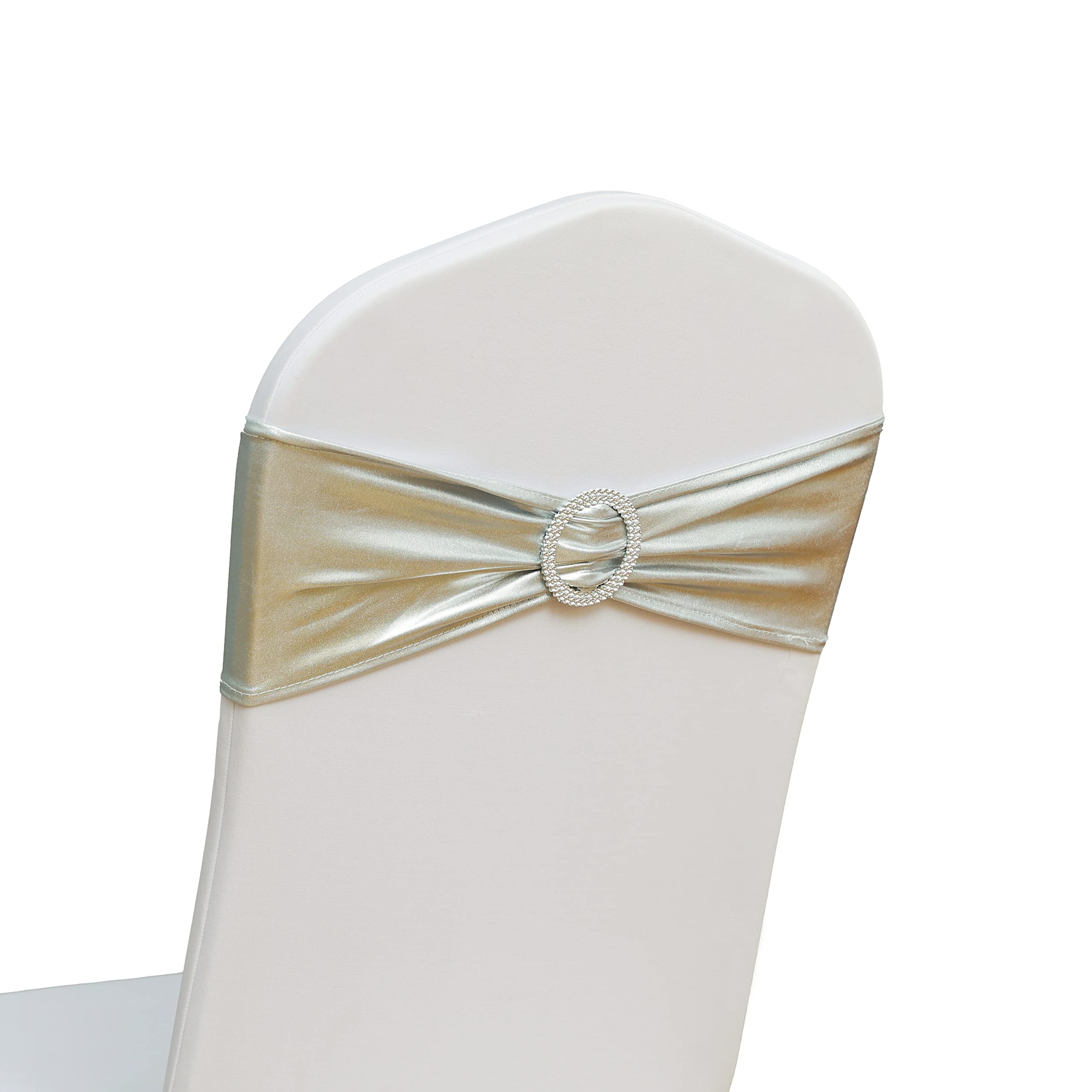 Elastic Stretch Spandex Chair Covers Sashes Bands With Buckle Bows For Wedding Home Party Suppliers Decorations (Metallic Silver, 100PCS)