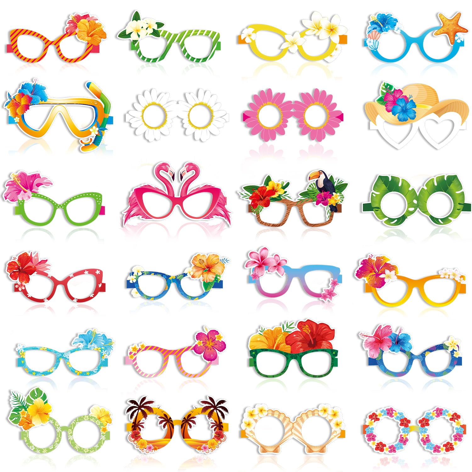 DPKOW 24 Style Hawaiian Party Glasses for Adults Kids, Novelty Hibiscus Paper Glasses Hawaii Tropical Party Favours for Adults Kids, Summer Beach Pool Eyeglasses Eyewear Hawaiian Photo Props, 24pcs