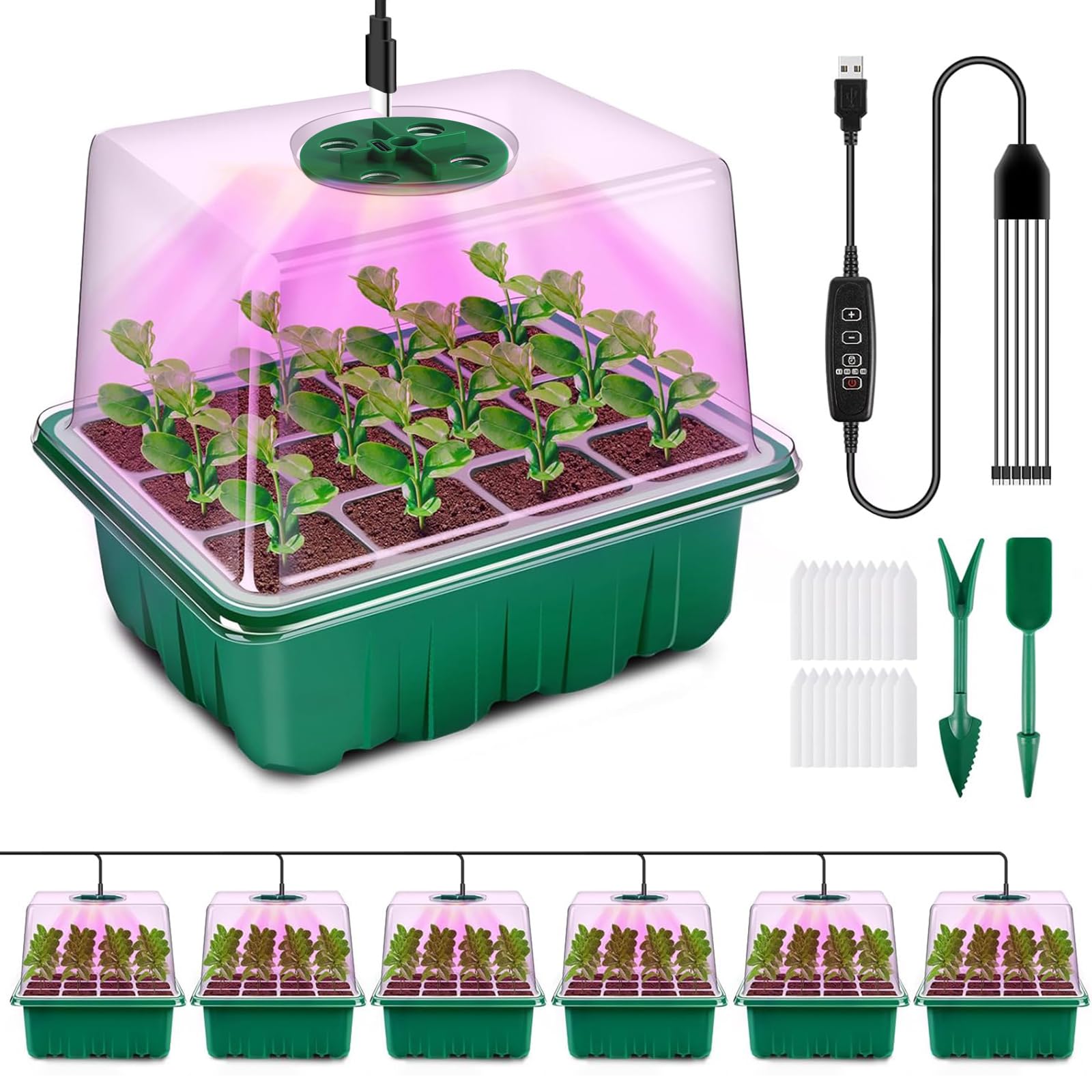 YAUNGEL Seed Trays with Grow Light, 6 Pack Propagator with Timing Controller Adjustable Brightness, Thicken Seedling Trays with Humidity Domes Heightened Lids for Greenhouse & Gardens, Gift Box